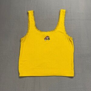 Forever 21 Y2K yellow Ribbed Tank Top Mushroom Embroidery Lace Trim S. Small